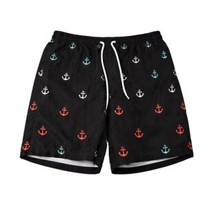 Manfinity Men’s Medium Anchor Print Swim Trunks Black Nautical Board Shorts